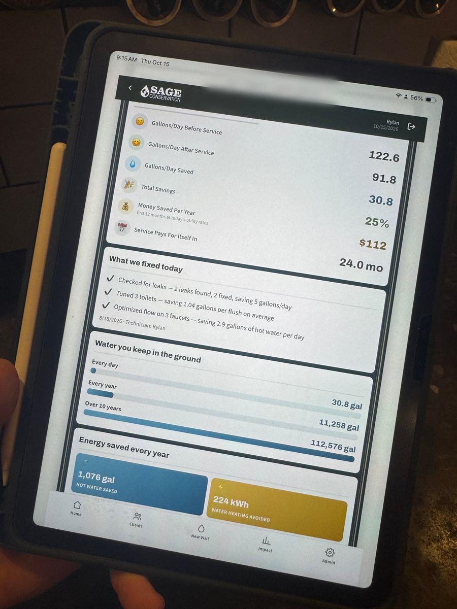 A tablet showing a Sage Conservation report card: 25% less water and 30.8 gallons saved a day
